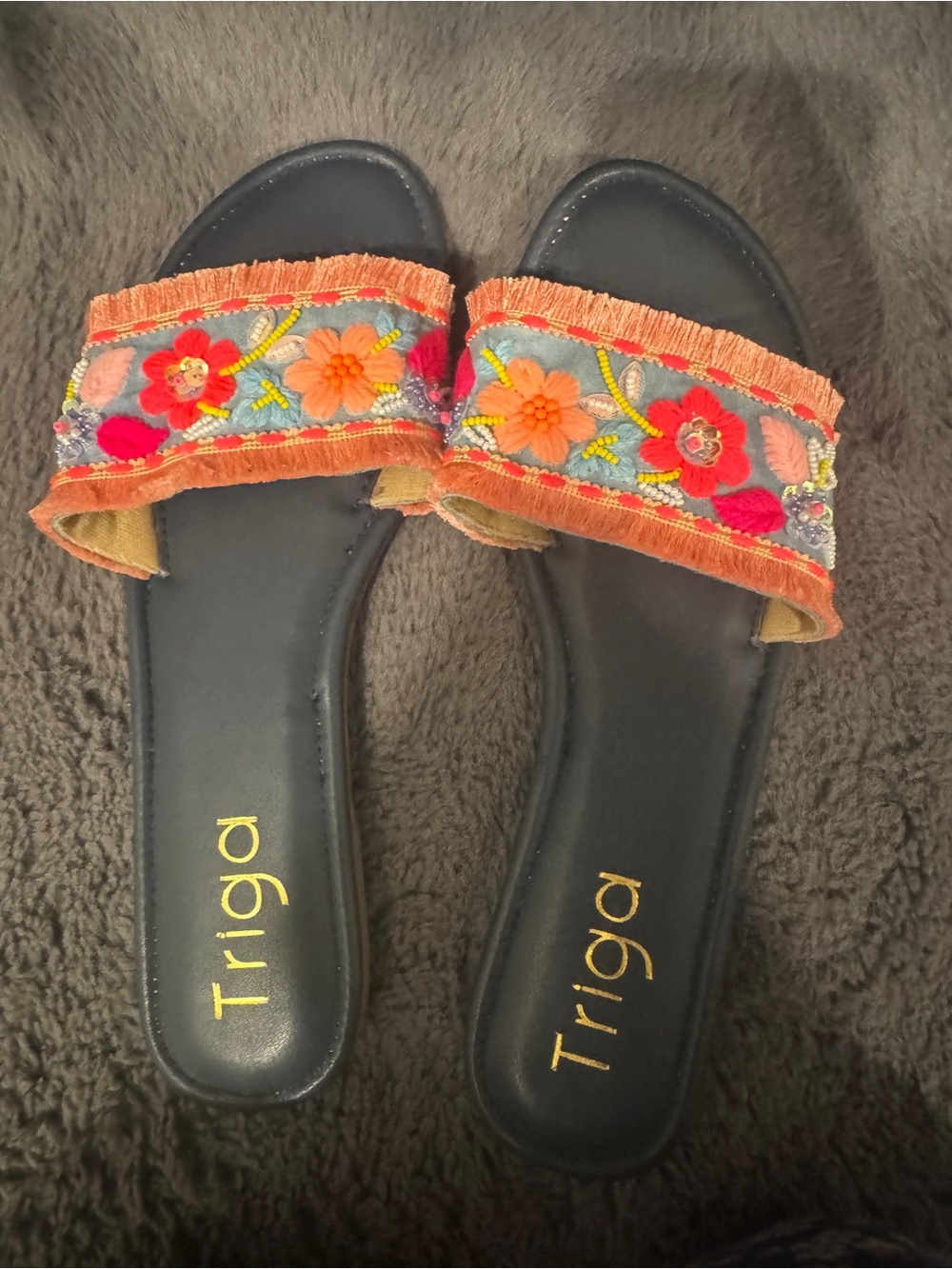 Women's Navy Slide Sandals with Orange Floral Embroidery